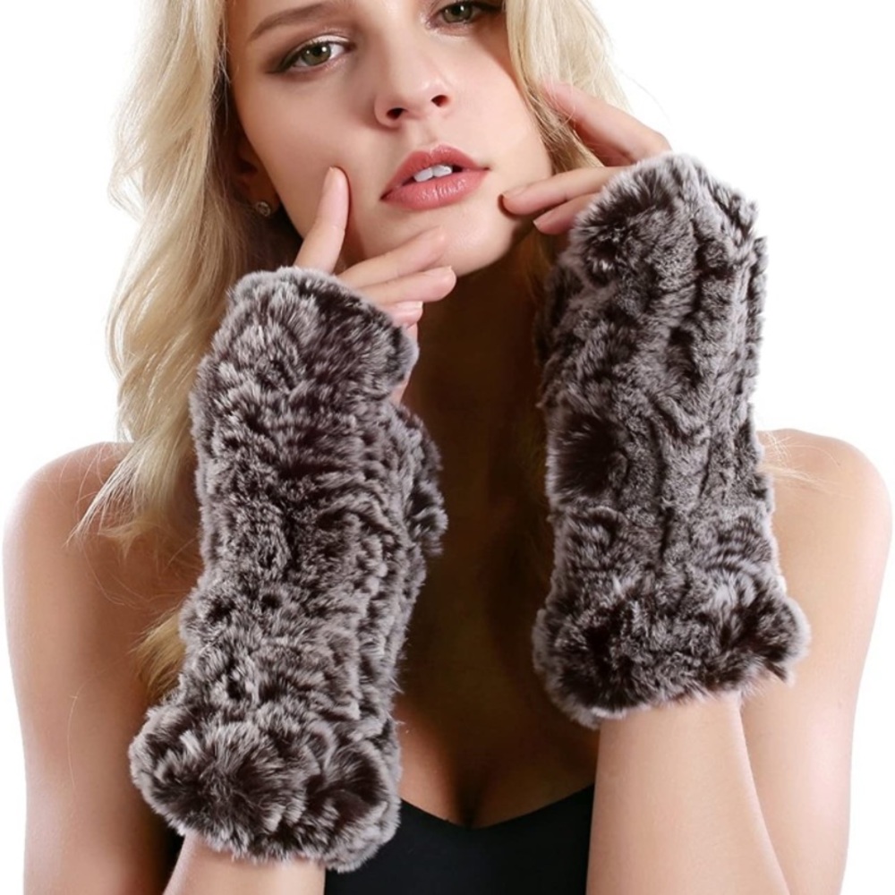 Ombre Brown Real Rabbit Fur Mittens Winter Knit Warm Fingerless Hand Warmer